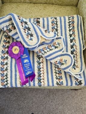 Award Winning "Vintage" Striped Crochet Blanket with Blue and Cream Accents